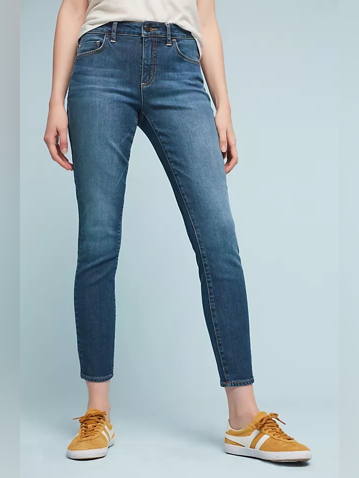 Anthropologie Pilcro Midnight Blue Script Skinny Jeans Premium Luxury Denim 28